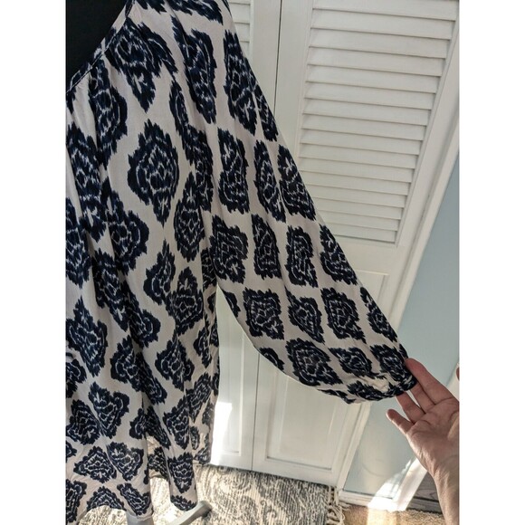 Marina Luna Blouse Women's Sz 2X Boho Peasant Navy Cream Medallion Soft Rayon - Picture 4 of 13